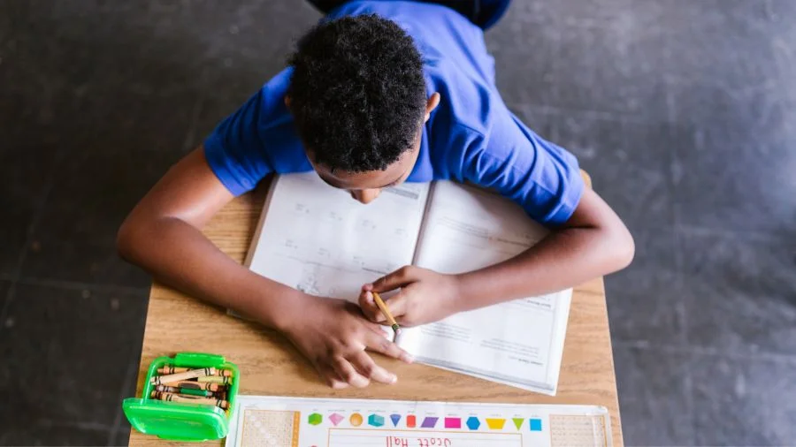 Boy writing on notebook